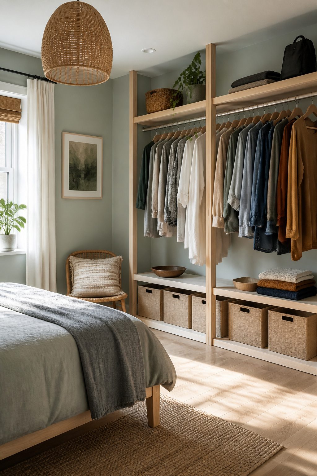 An open wardrobe showcasing neatly arranged clothes and accessories.