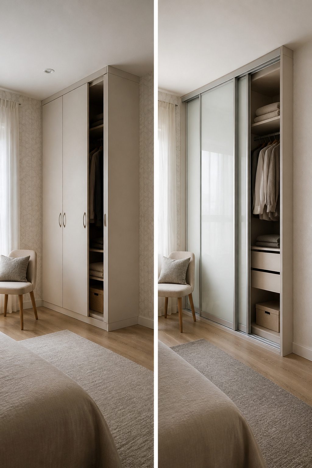 A wardrobe with sliding doors, maximizing space in a small room.