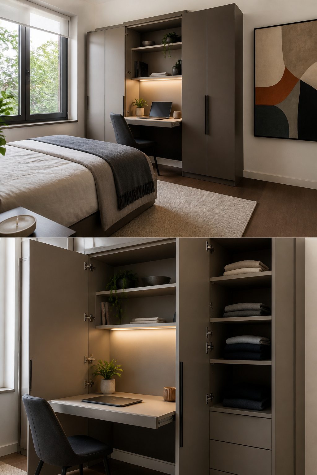 A wardrobe featuring a foldable desk for a compact workspace.