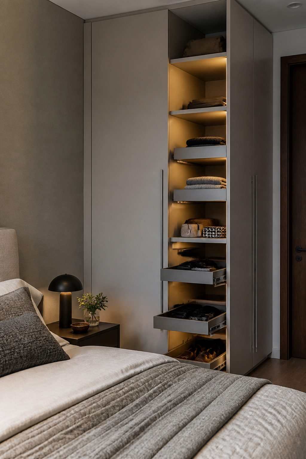 A wardrobe with sliding pull-out shelves for neat storage.
