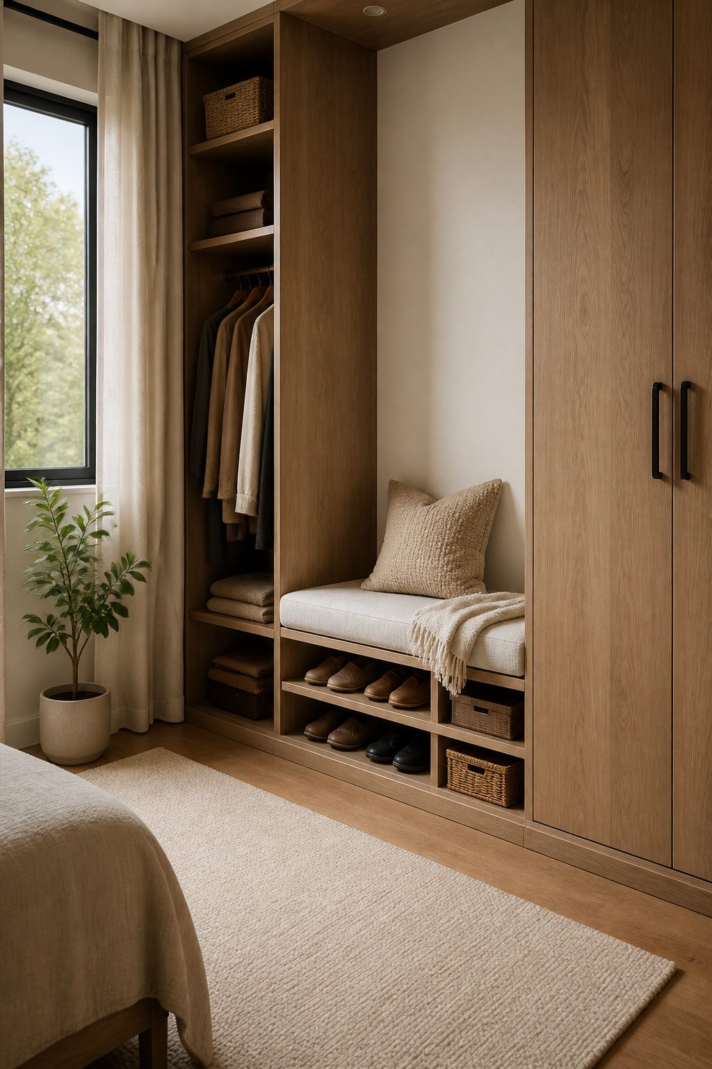 A wardrobe with a built-in bench for seating and storage.