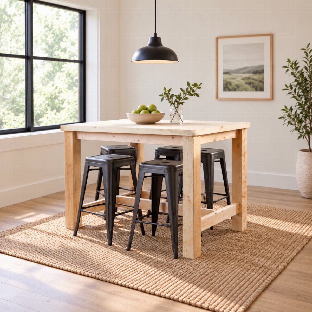 Solid Wood Dining Table Set: 20 Ideas for Your Home 18 Light wood counter-height dining table with black metal stools on a jute rug.
