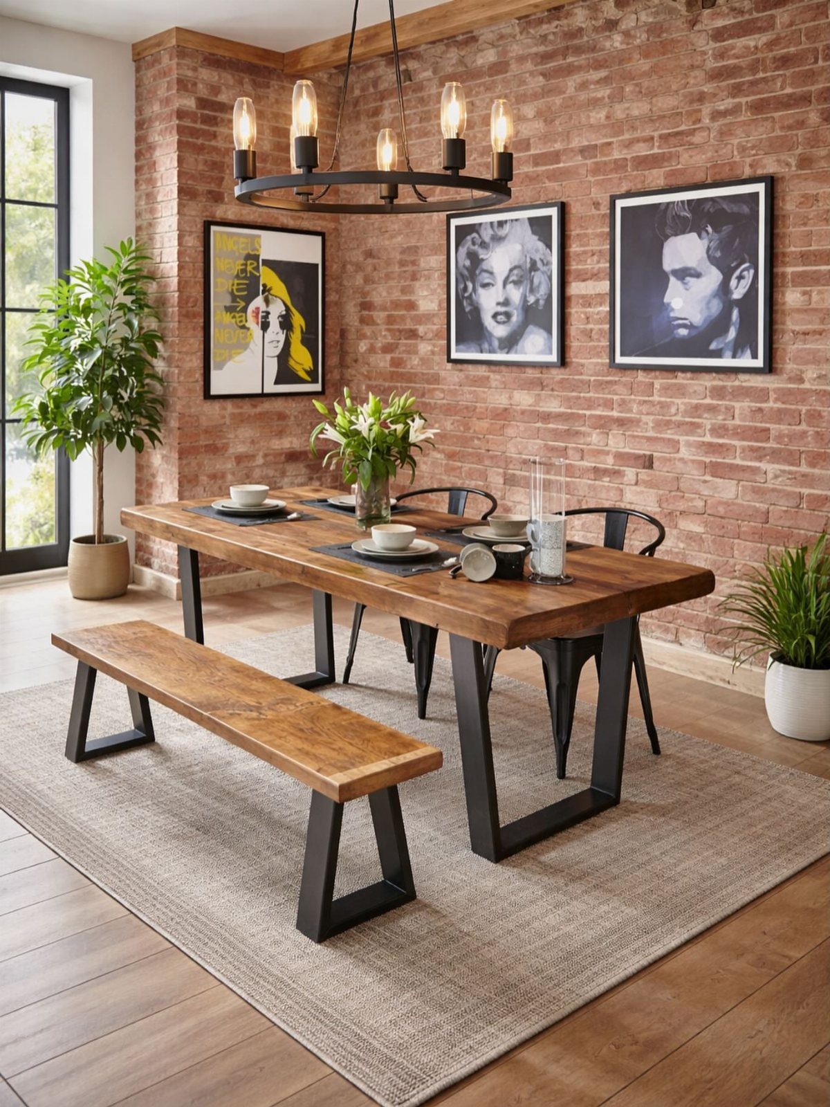 Solid Wood Dining Table Set: 20 Ideas for Your Home 7 Wooden dining table and matching bench with black metal legs in a brick room