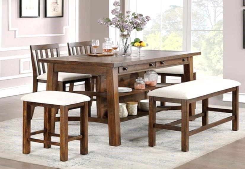 Solid Wood Dining Table Set: 20 Ideas for Your Home 19 Solid wood dining set with rectangular table, chairs, bench, and stool in bright room.