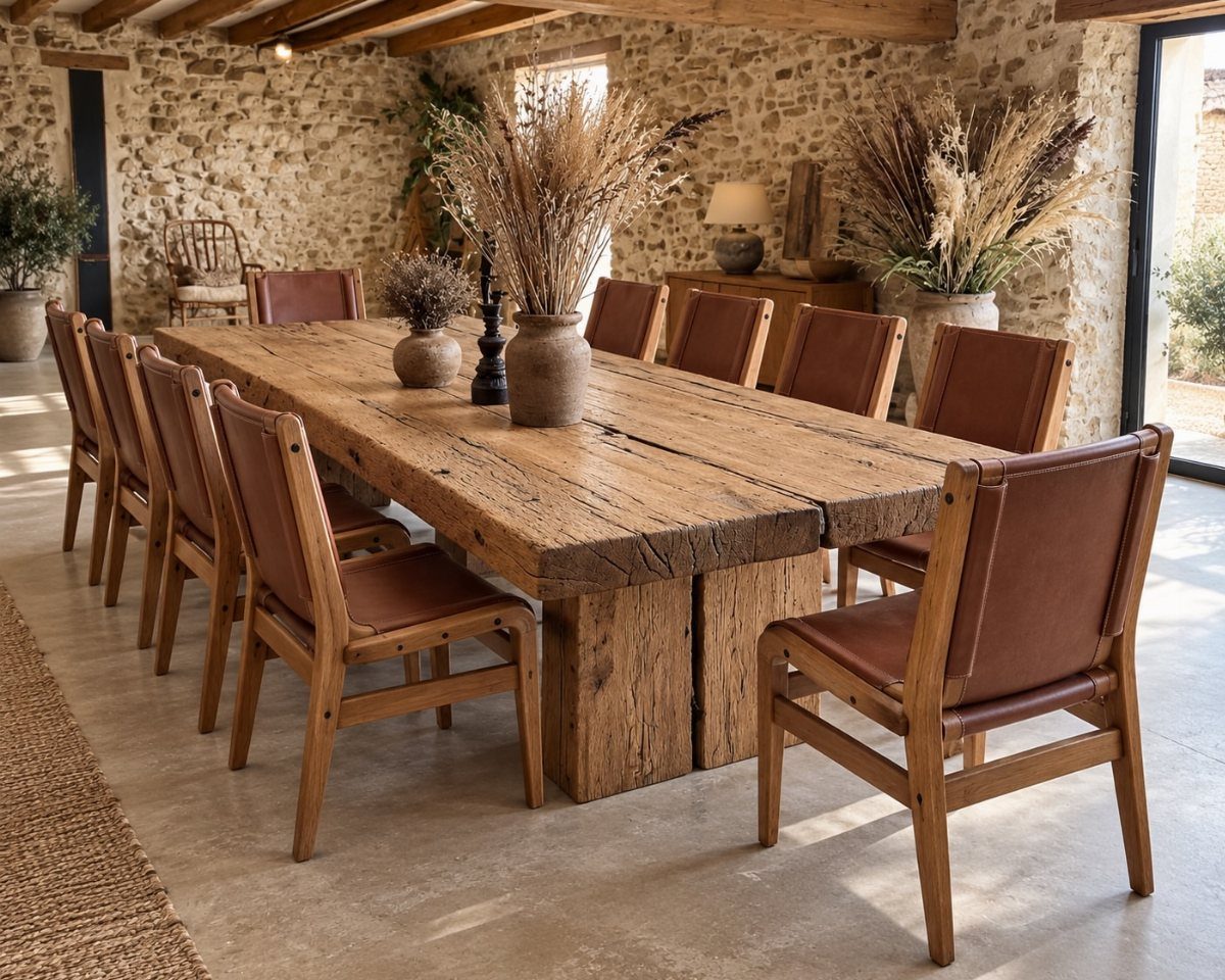 Solid Wood Dining Table Set: 20 Ideas for Your Home 12 Rustic farmhouse dining set with a thick wooden table and leather chairs in stone room