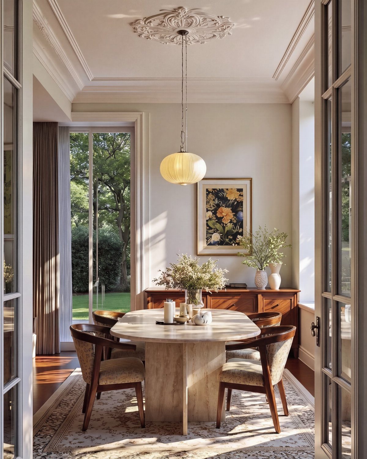 Solid Wood Dining Table Set: 20 Ideas for Your Home 5 Oval stone dining table with four matching upholstered wooden chairs in a bright room.