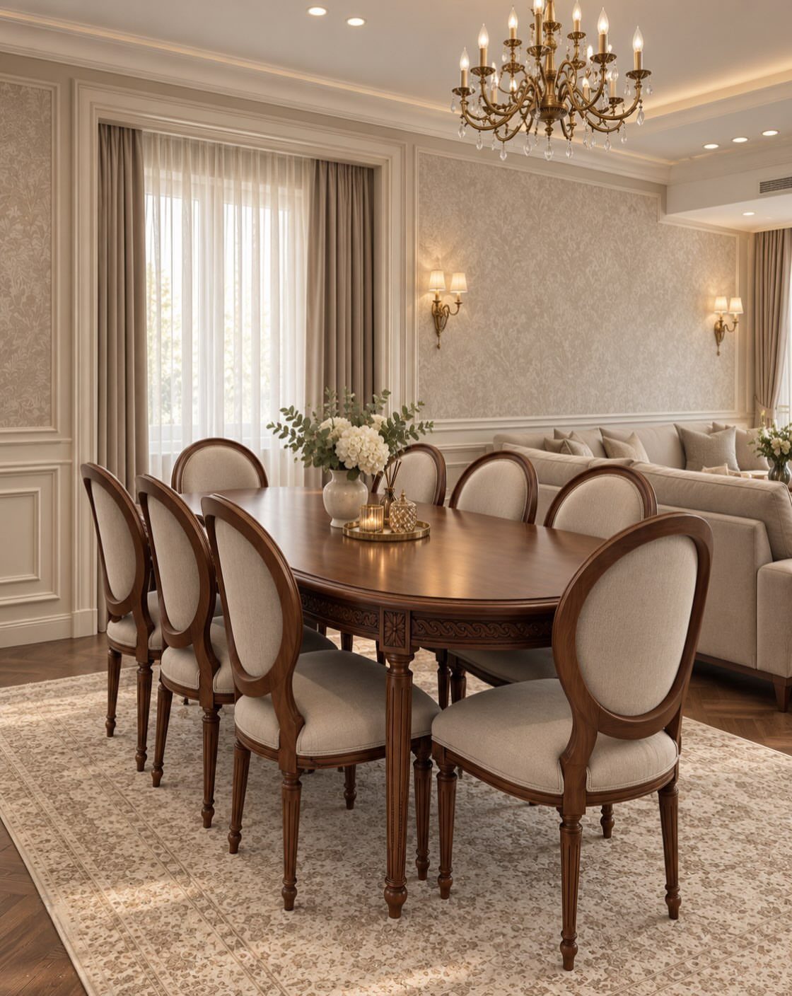 Solid Wood Dining Table Set: 20 Ideas for Your Home 10 Oval dark wood dining table with six beige upholstered chairs in a classic room.