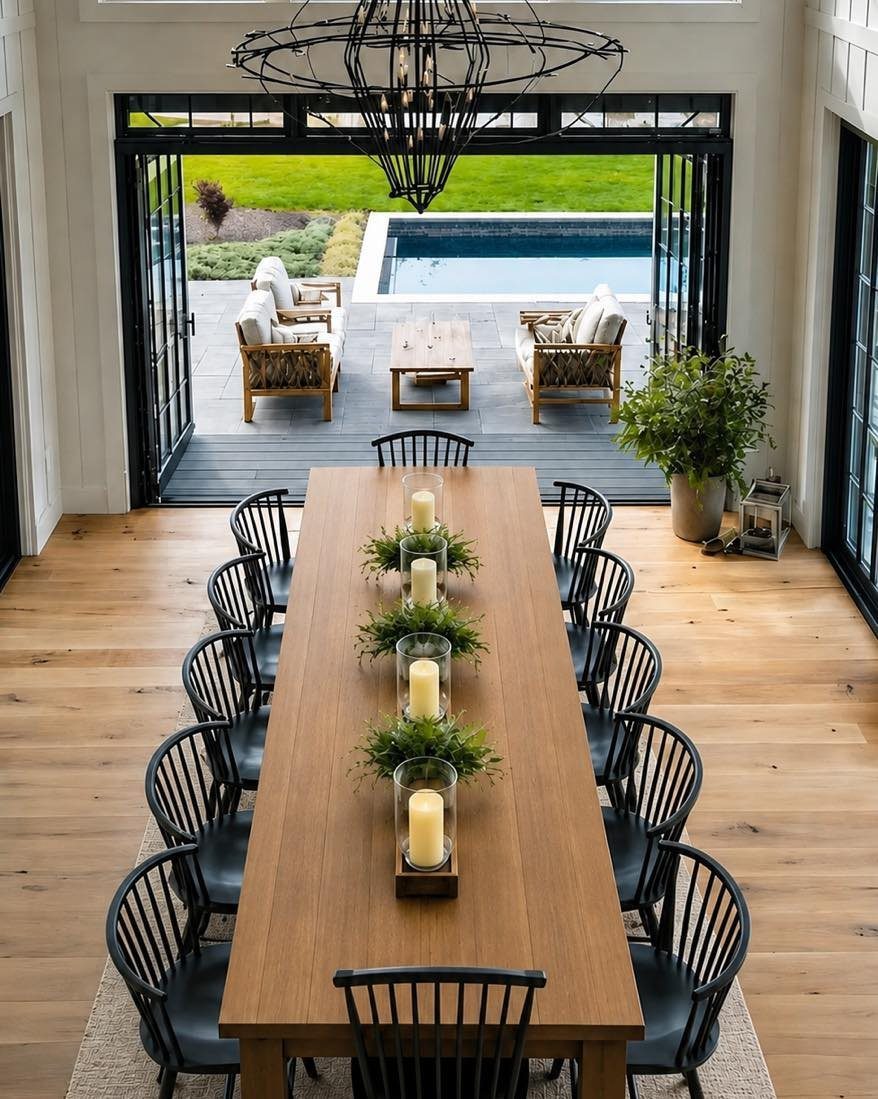 Solid Wood Dining Table Set: 20 Ideas for Your Home 16 Rectangular solid wood dining table with black chairs in a bright, modern room.