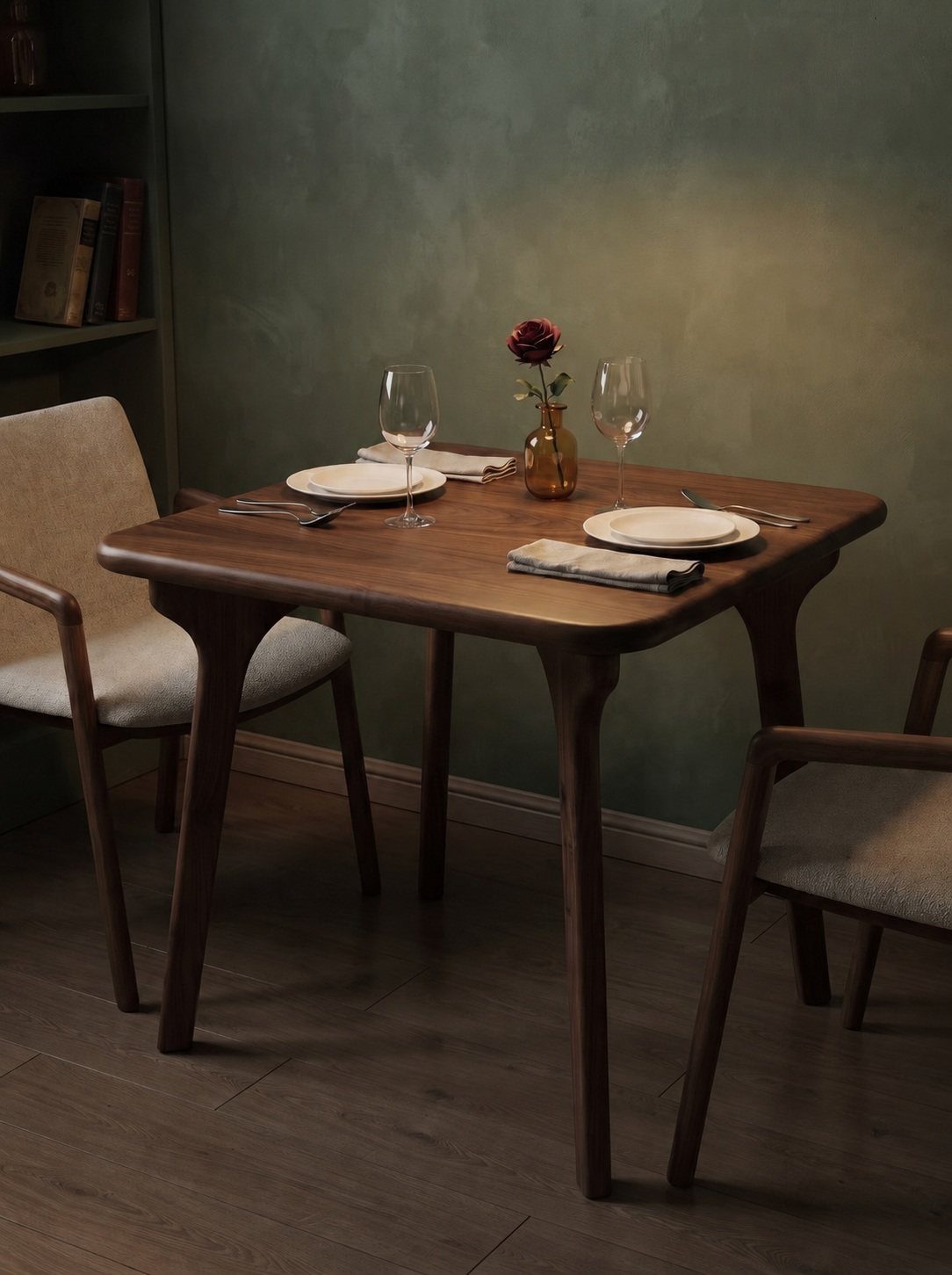 Solid Wood Dining Table Set: 20 Ideas for Your Home 9 Square dark wood dining table set with two chairs and elegant table settings.