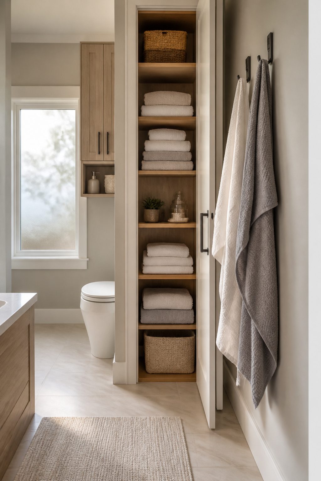 A bathroom with organized linen storage and a cabinet above the toilet.