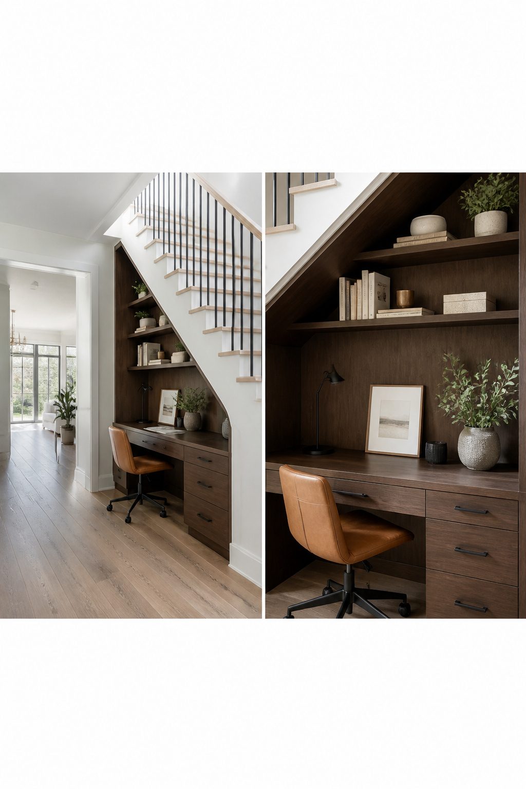 A built-in storage area under a staircase, designed for office use.