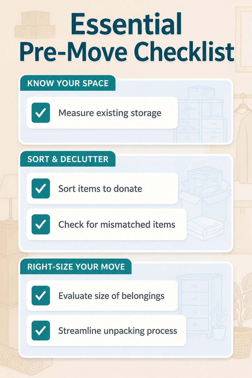 A checklist for measuring storage spaces before moving into a new home.