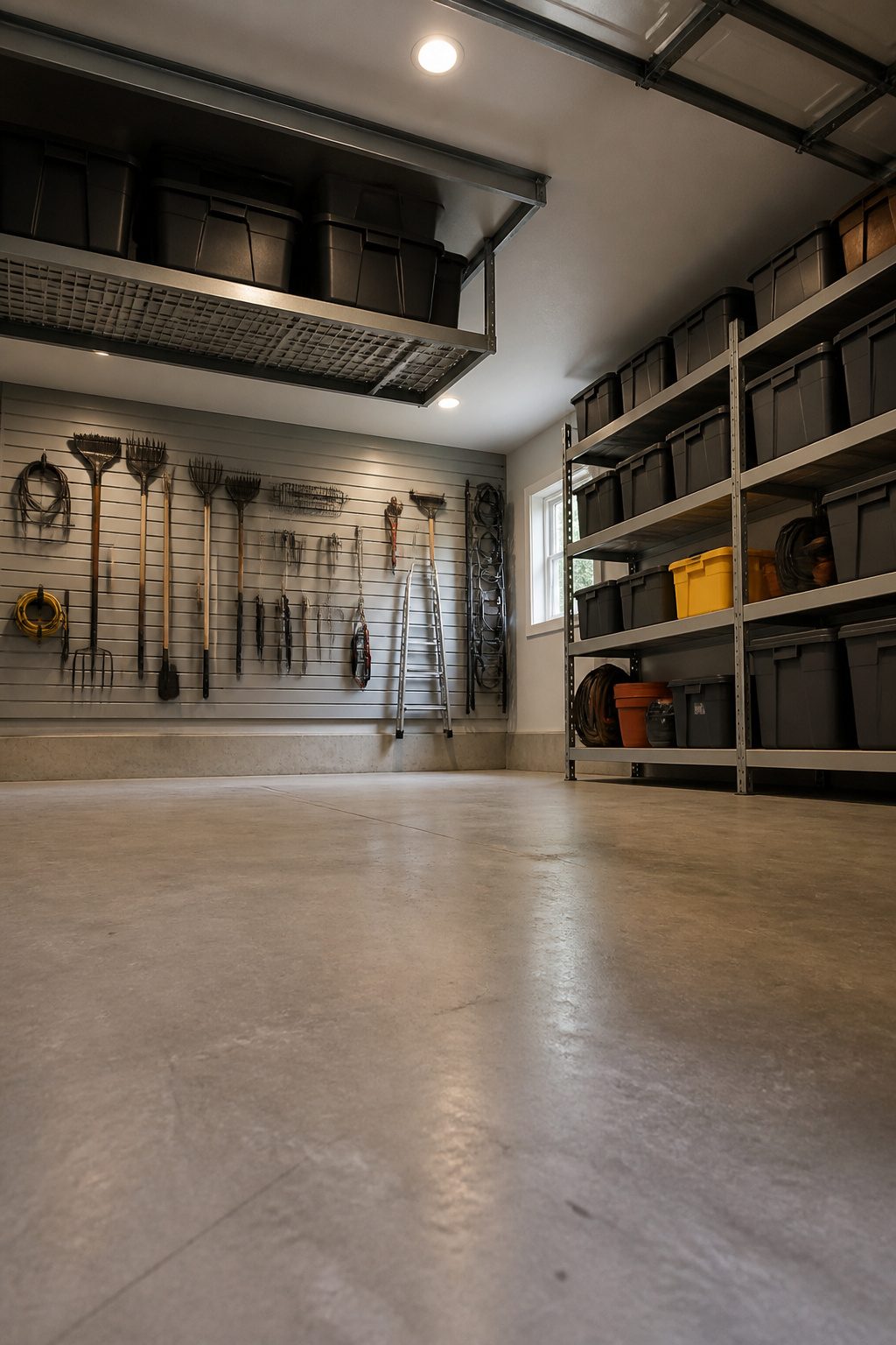 A garage with wall-mounted shelves and pegboards for tools.