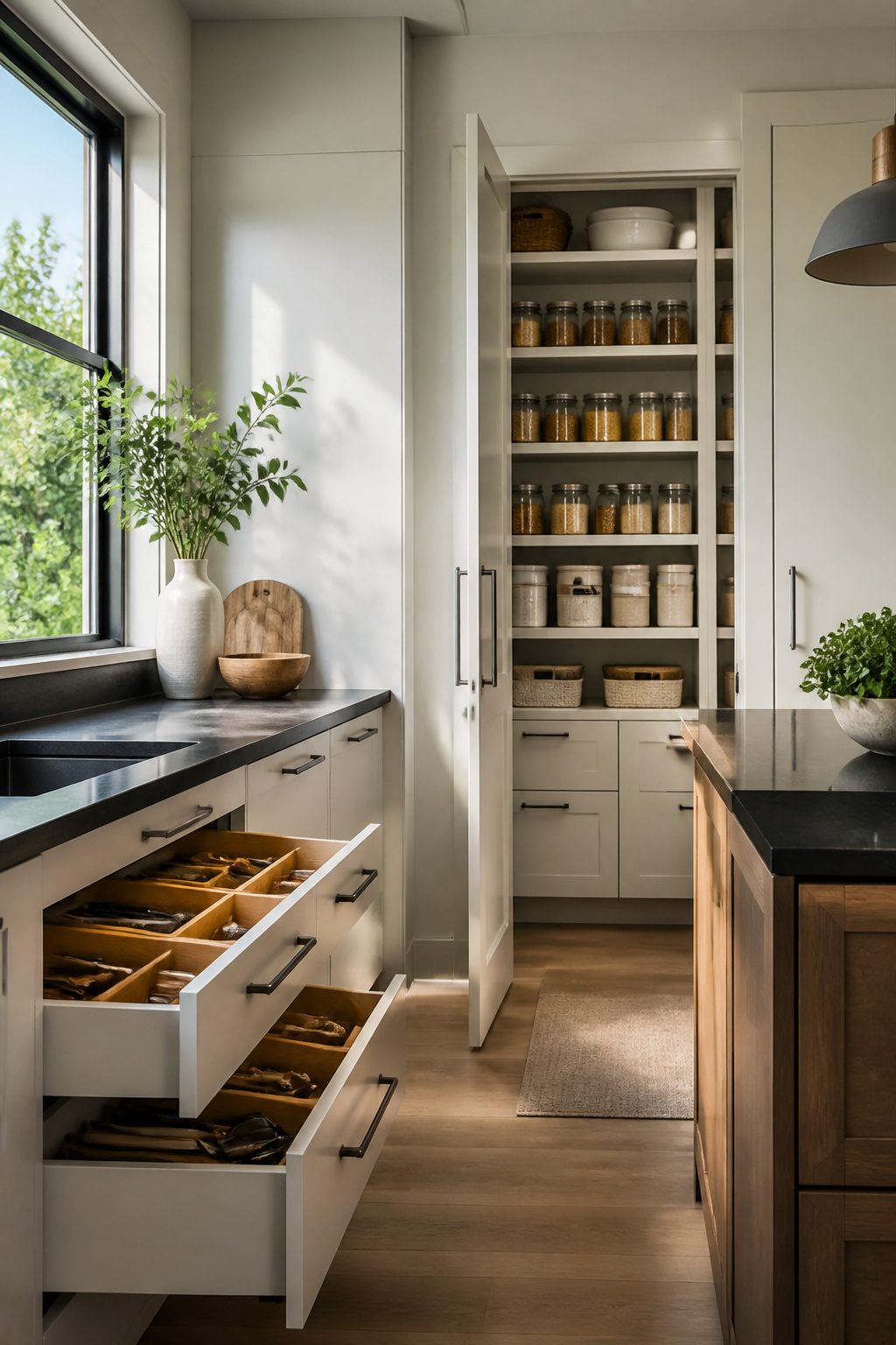 A well-organized pantry featuring adjustable shelves and neat storage.