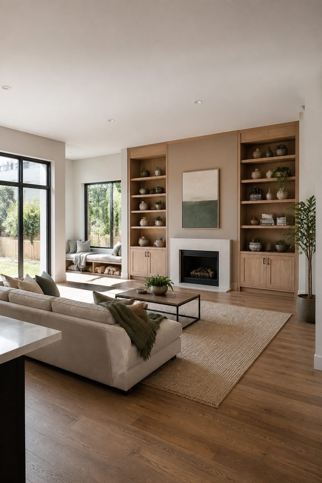 Living room built-ins flanking a fireplace with shelves and cabinets.