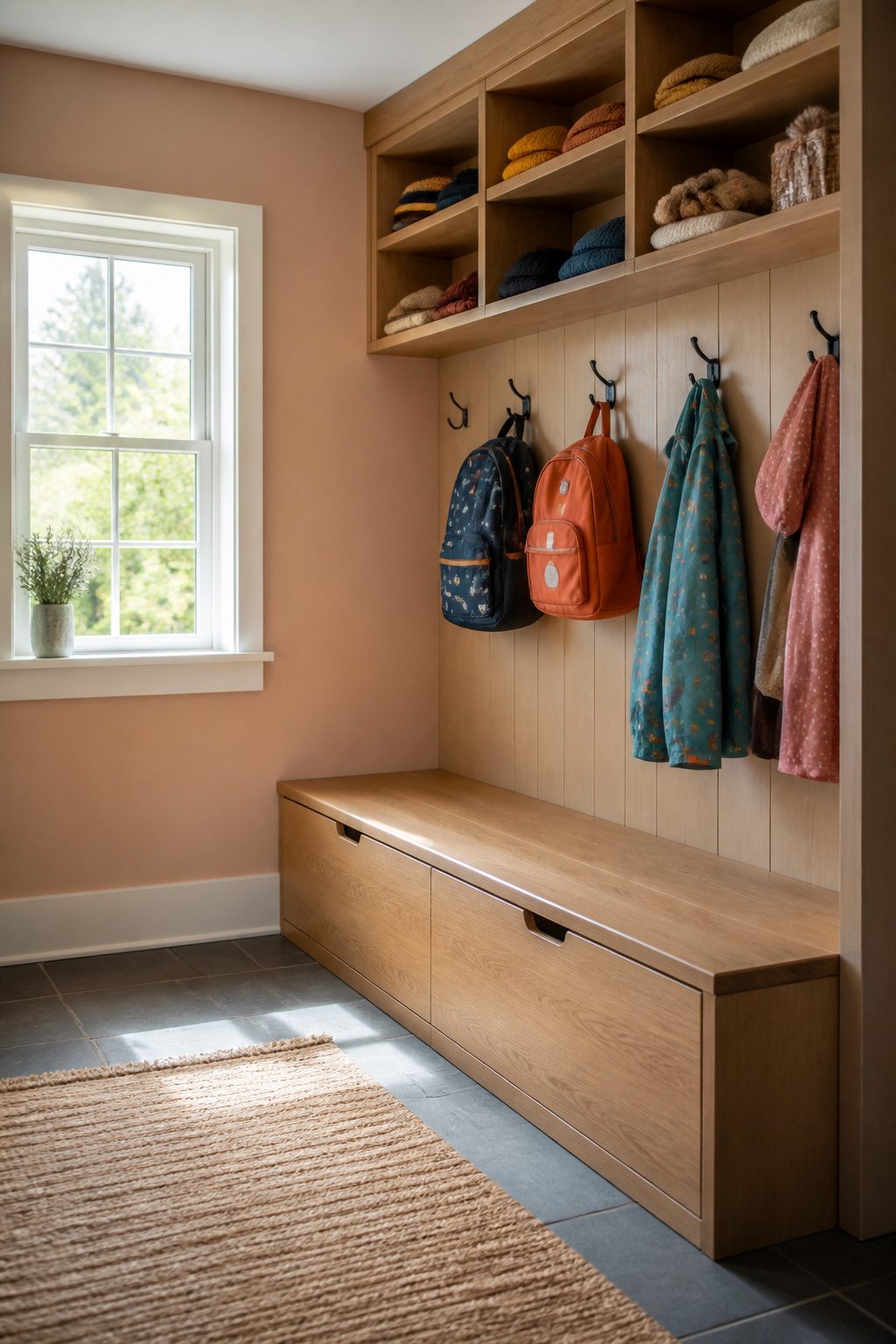 An inviting mudroom featuring a bench and organized hooks and shelves.