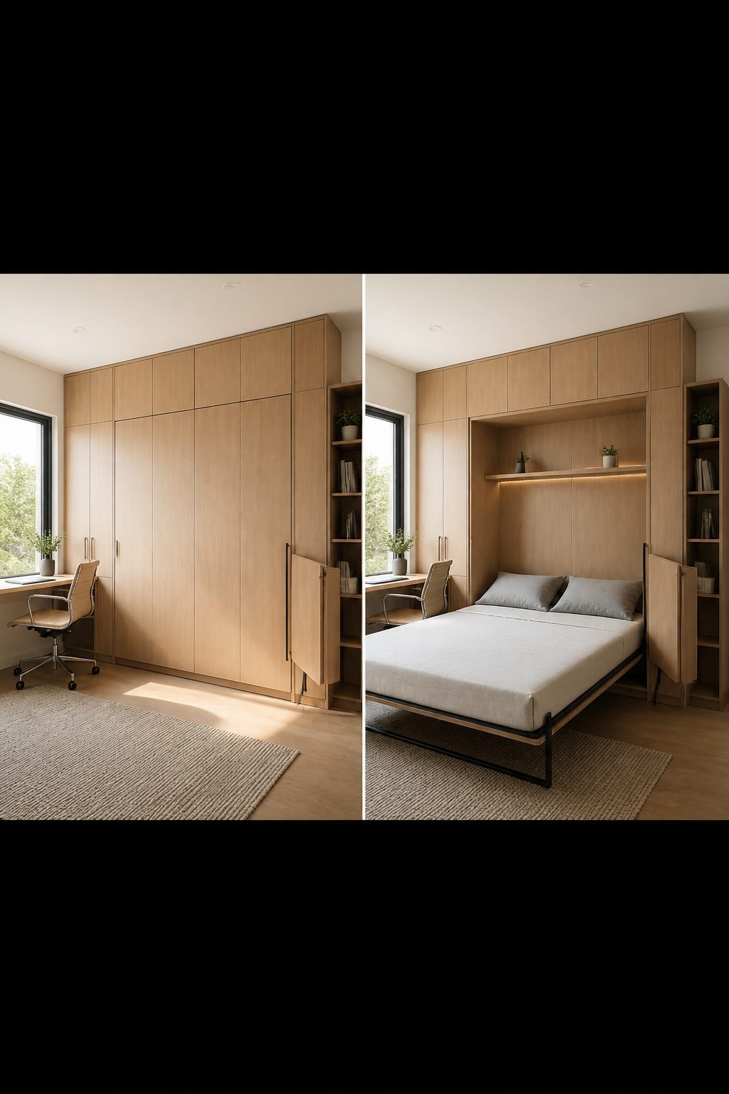 A guest room with a Murphy bed and flanking storage cabinets.