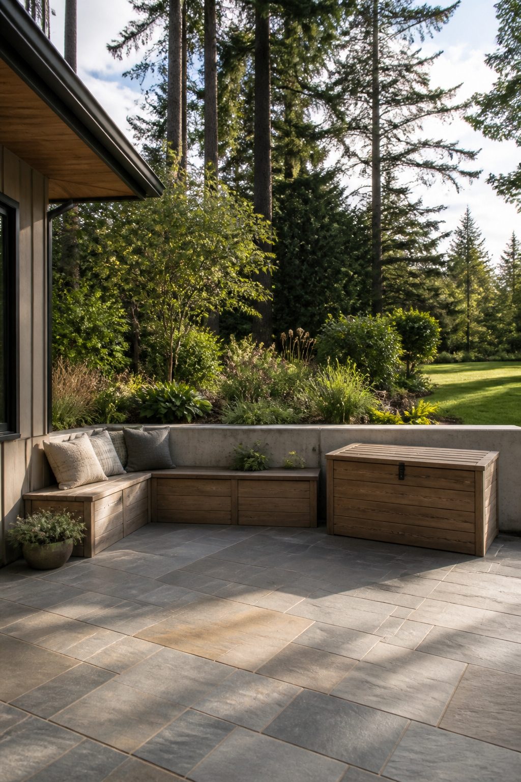 Outdoor storage options including a shed and a built-in storage bench.