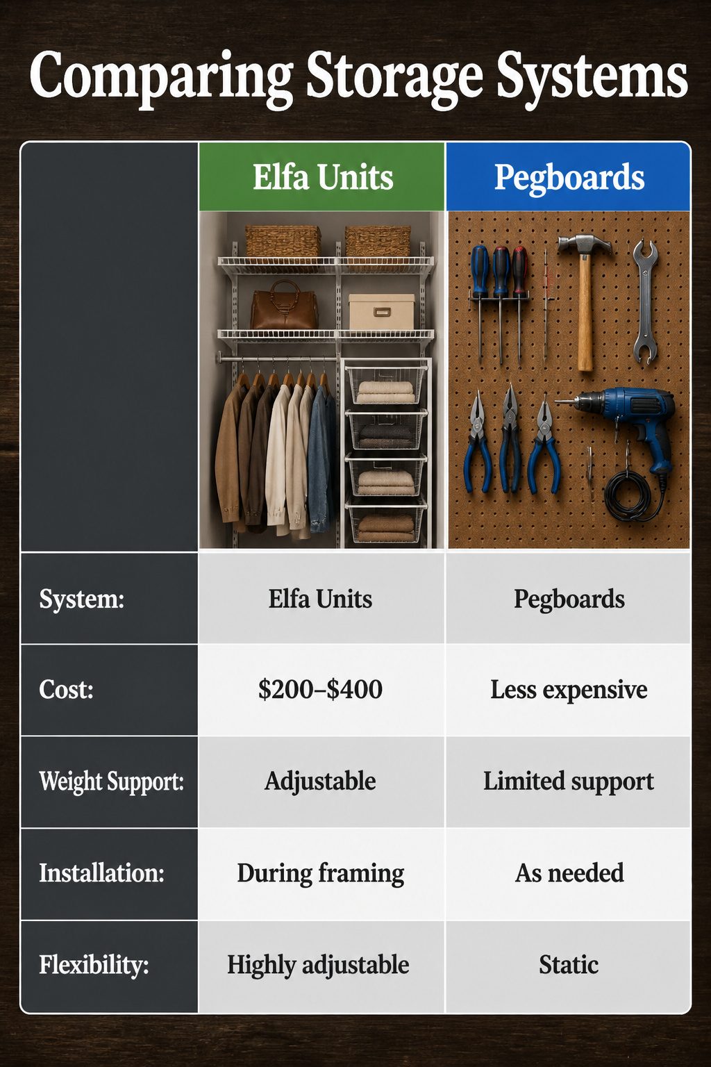 Different storage systems including Elfa units and pegboards for organization.