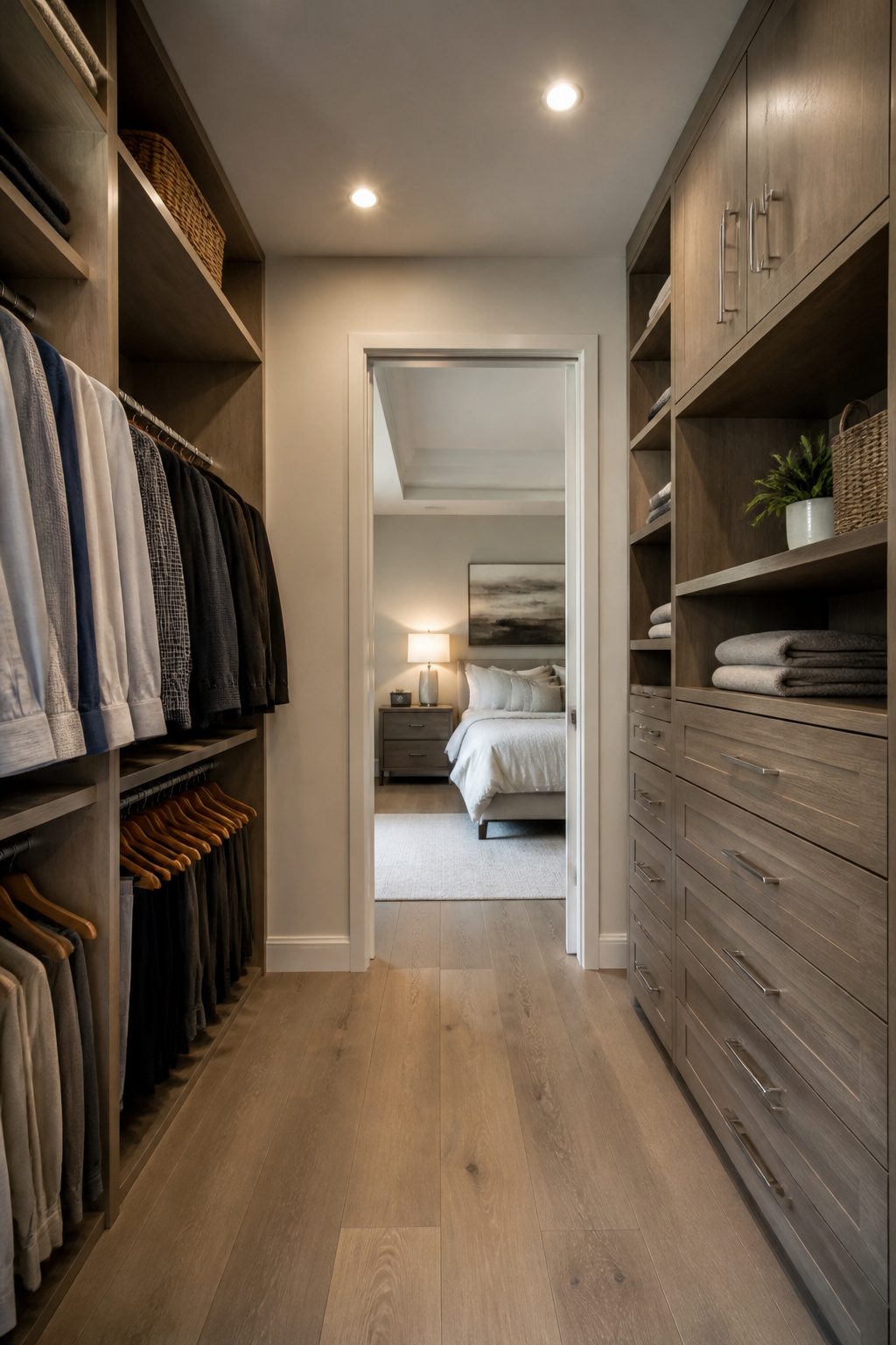 A spacious walk-in closet with organized rods and built-in drawers.
