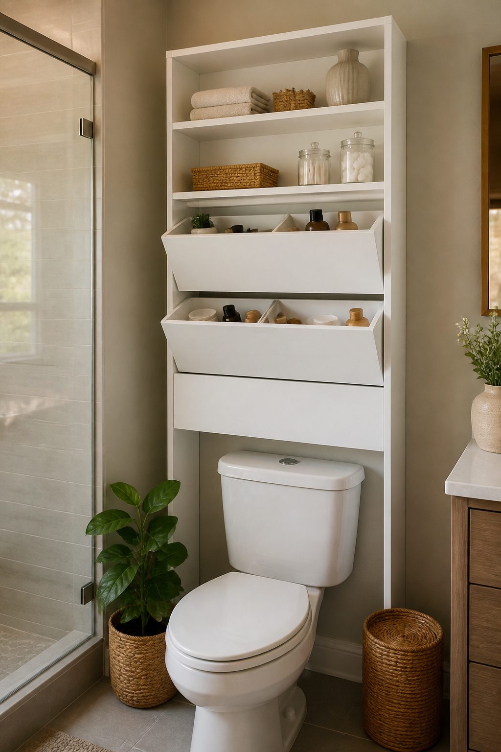 10 Small Apartment Storage Ideas to Maximize Space in 2026 10 A white over-the-toilet cabinet with bins for toiletries.