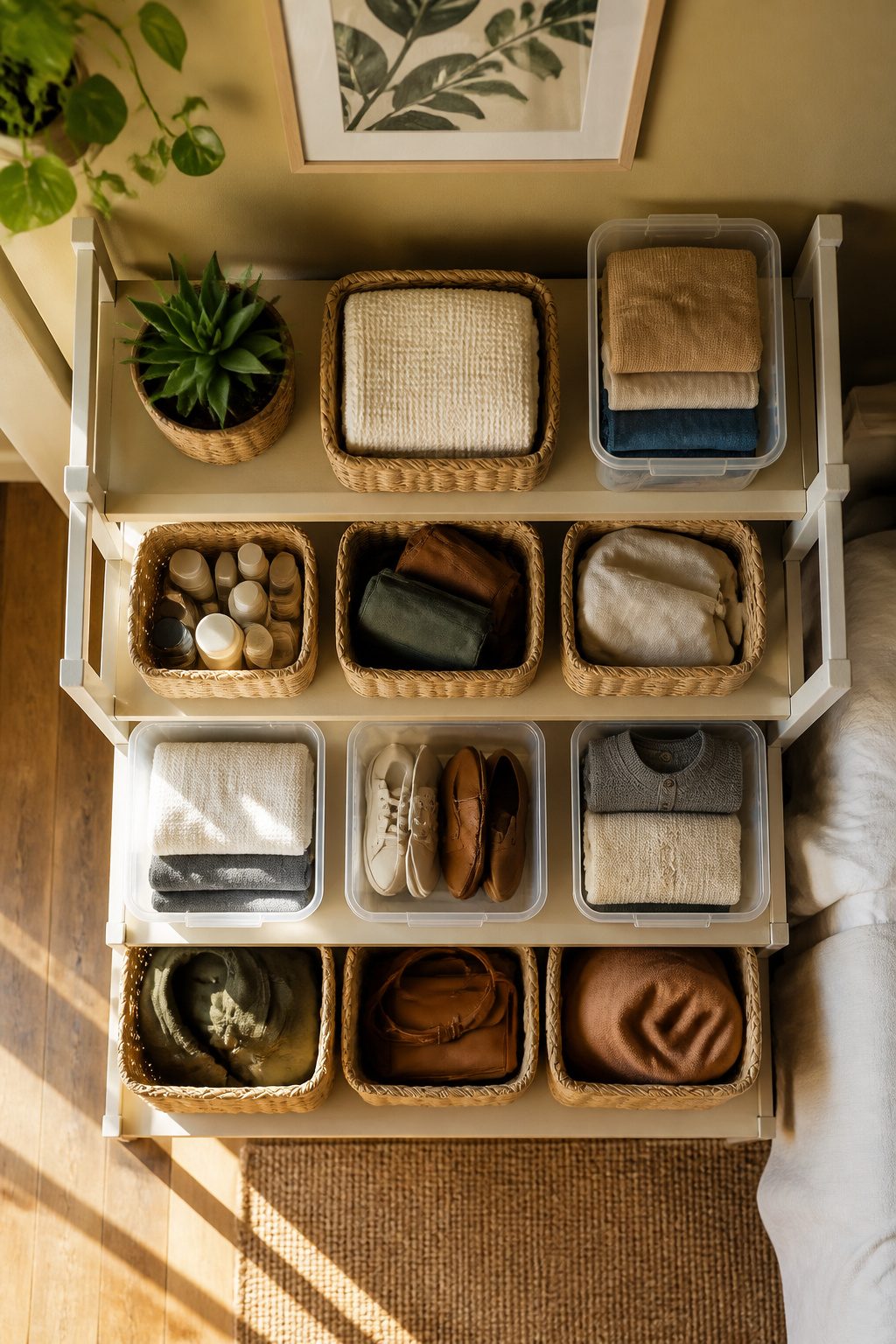 10 Small Apartment Storage Ideas to Maximize Space in 2026 7 A shelf with woven baskets and clear bins for storage.