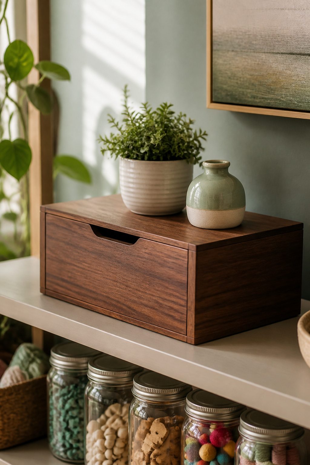 10 Small Apartment Storage Ideas to Maximize Space in 2026 8 A wooden box and mason jars used for decorative storage.