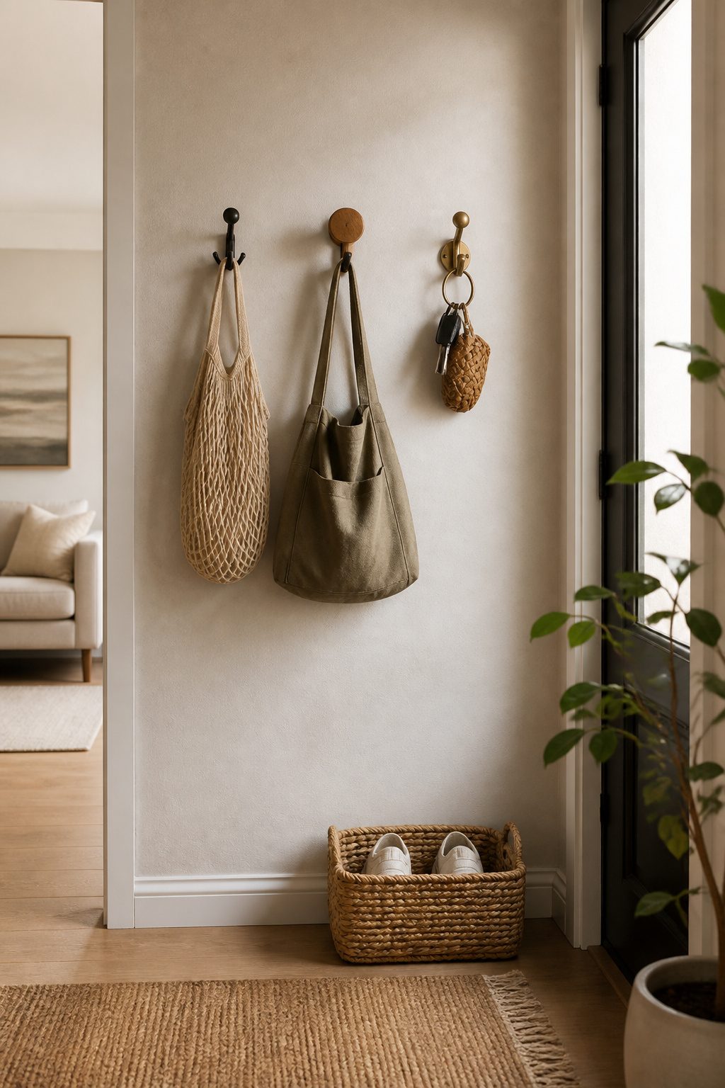 10 Small Apartment Storage Ideas to Maximize Space in 2026 4 An entryway with various wall hooks holding bags and keys.
