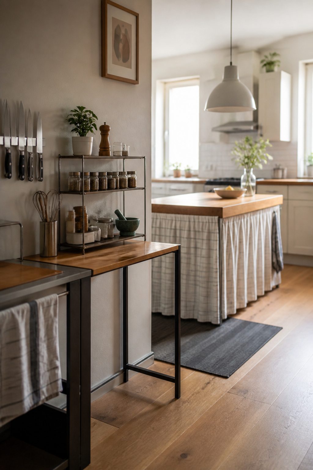 10 Small Apartment Storage Ideas to Maximize Space in 2026 6 A tiered rack displaying spice jars and kitchen essentials.