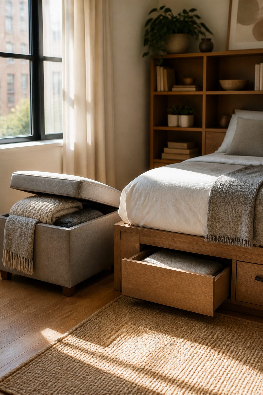 10 Small Apartment Storage Ideas to Maximize Space in 2026 3 A stylish ottoman with blankets and a bed frame with drawers.