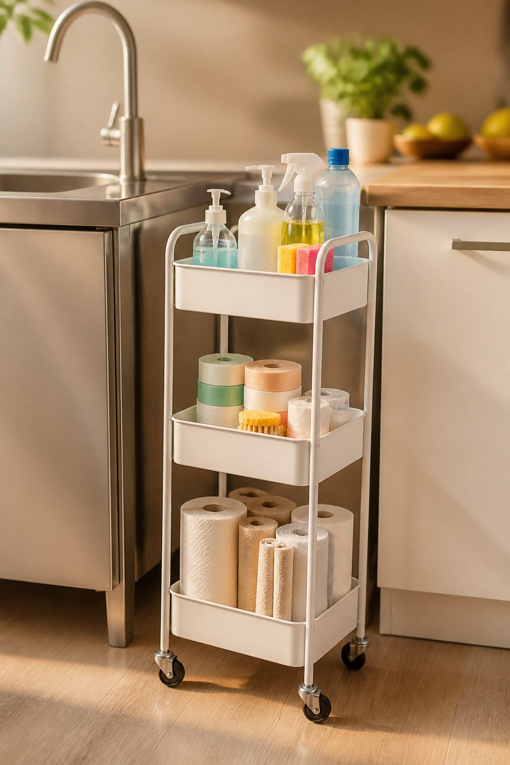 10 Small Apartment Storage Ideas to Maximize Space in 2026 11 A slender rolling cart positioned between a sink and toilet.