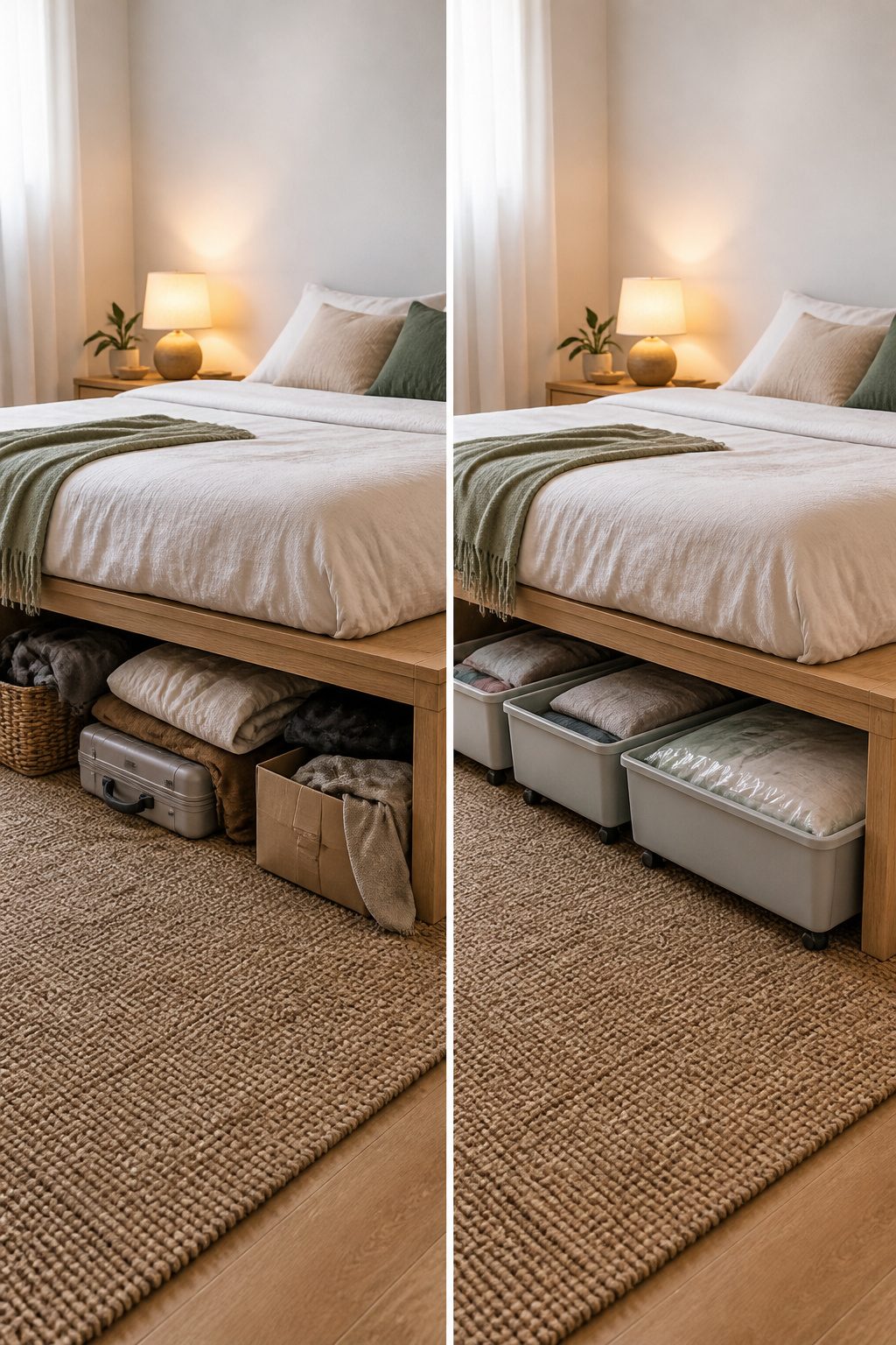 10 Small Apartment Storage Ideas to Maximize Space in 2026 5 Storage bins placed under a bed frame for organization.