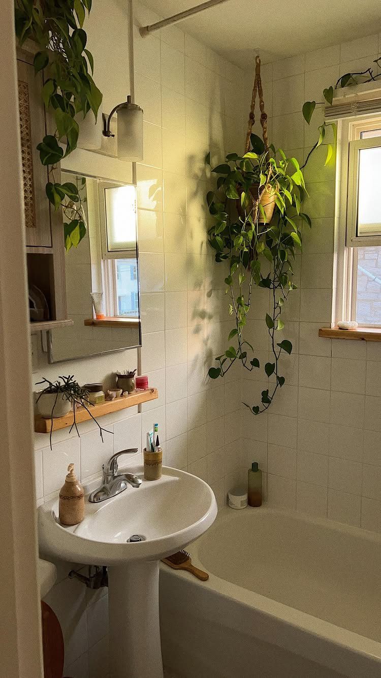 19 Teen Bathroom Ideas That Blend Style and Function 12 Small white bathroom featuring several lush green trailing plants hanging and on shelves.