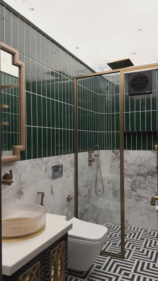 19 Teen Bathroom Ideas That Blend Style and Function 3 Modern bathroom with dark green wall tiles and black and white geometric floor patterns.