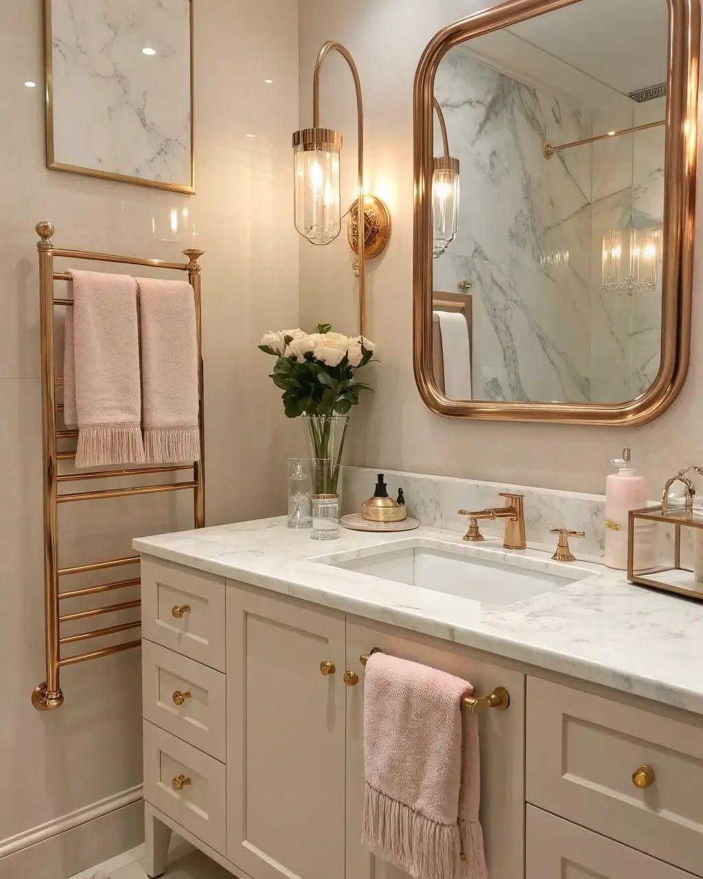 19 Teen Bathroom Ideas That Blend Style and Function 7 Luxurious bathroom with gold fixtures, marble countertop, and soft pink towels.
