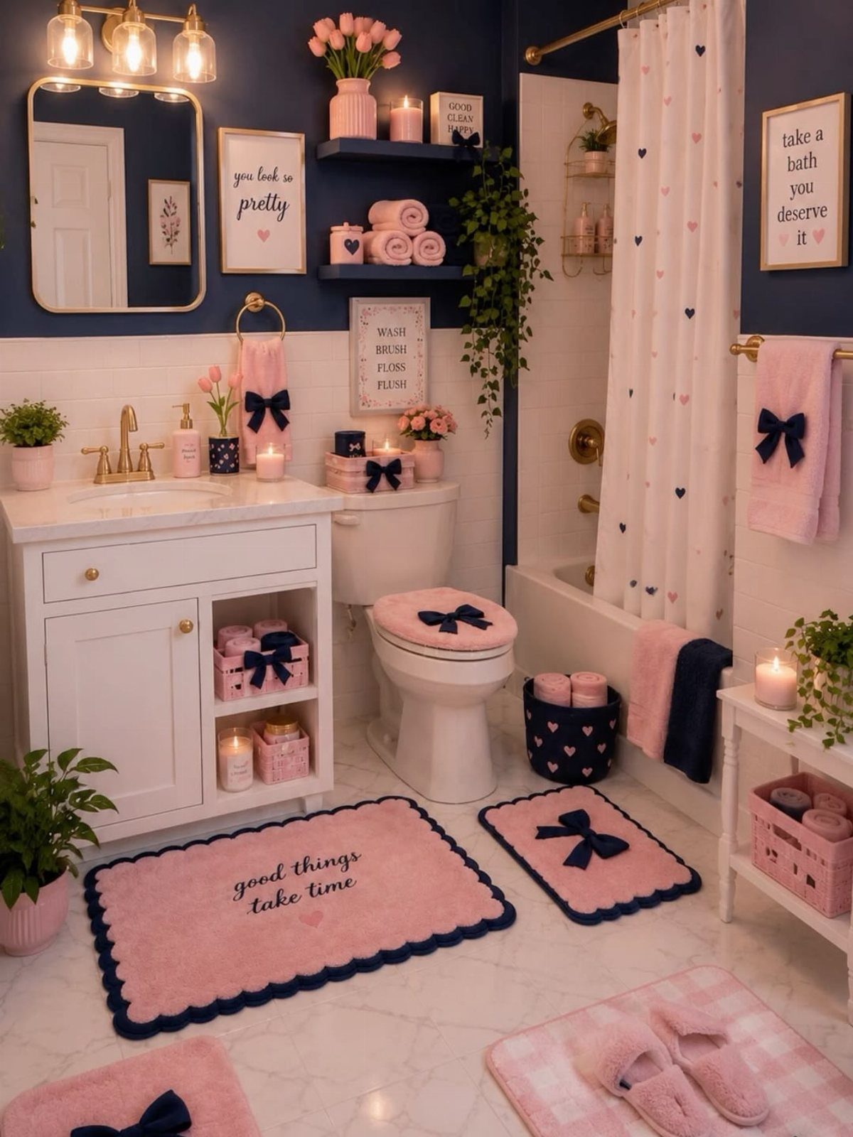 19 Teen Bathroom Ideas That Blend Style and Function 4 Pink and navy blue bathroom with heart-patterned shower curtain and decorative pink rugs.