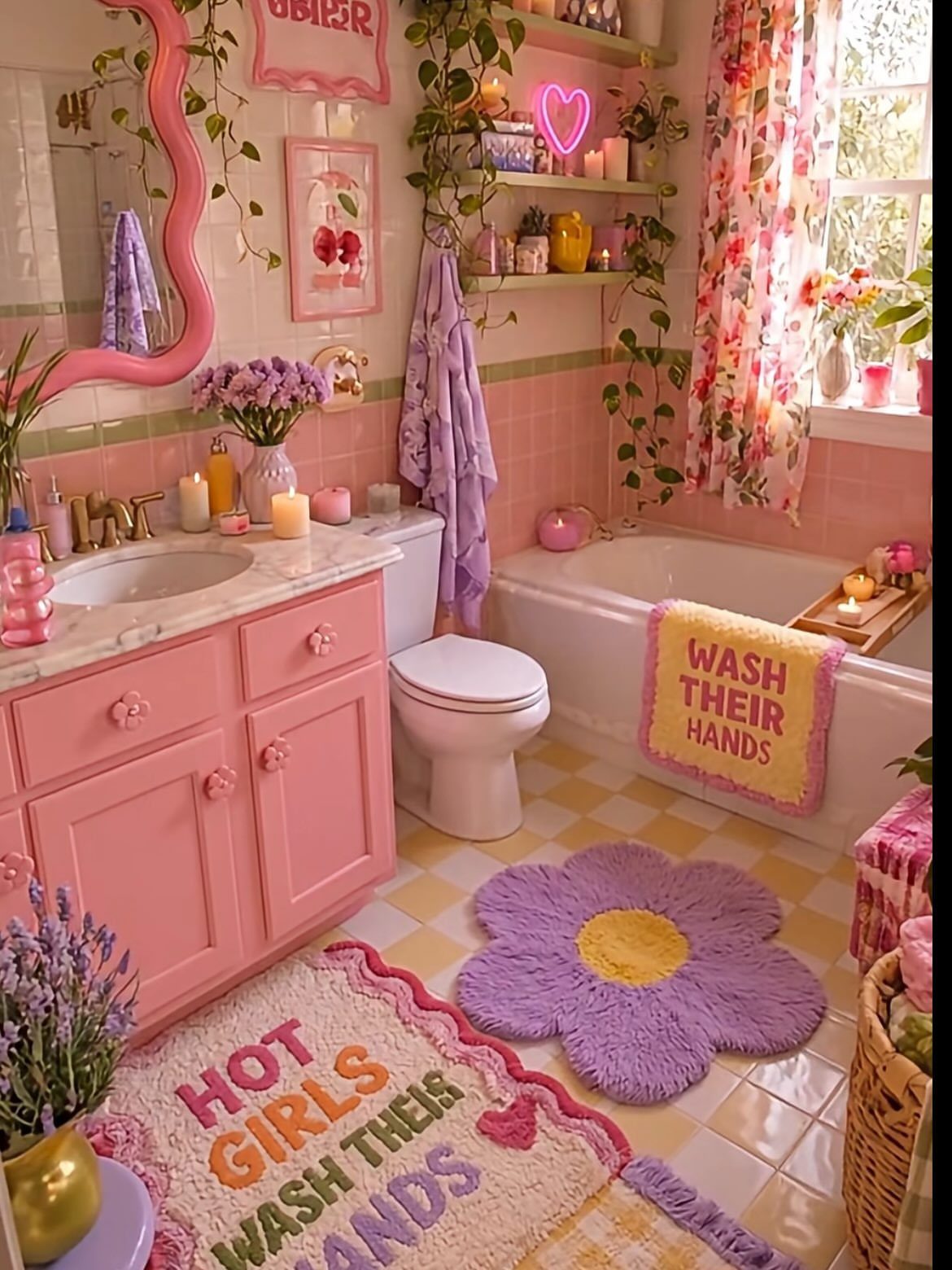 19 Teen Bathroom Ideas That Blend Style and Function 6 Pink bathroom with a wavy mirror, flower-shaped rug, and colorful floral curtains.