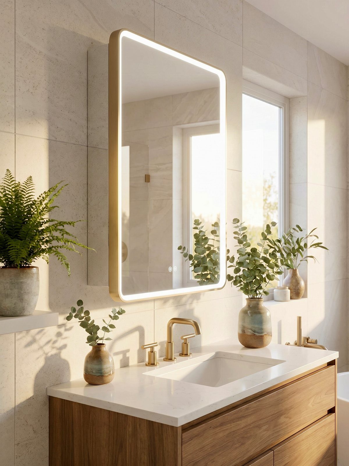 19 Teen Bathroom Ideas That Blend Style and Function 2 Modern bathroom vanity with a gold-framed backlit mirror and potted green plants.