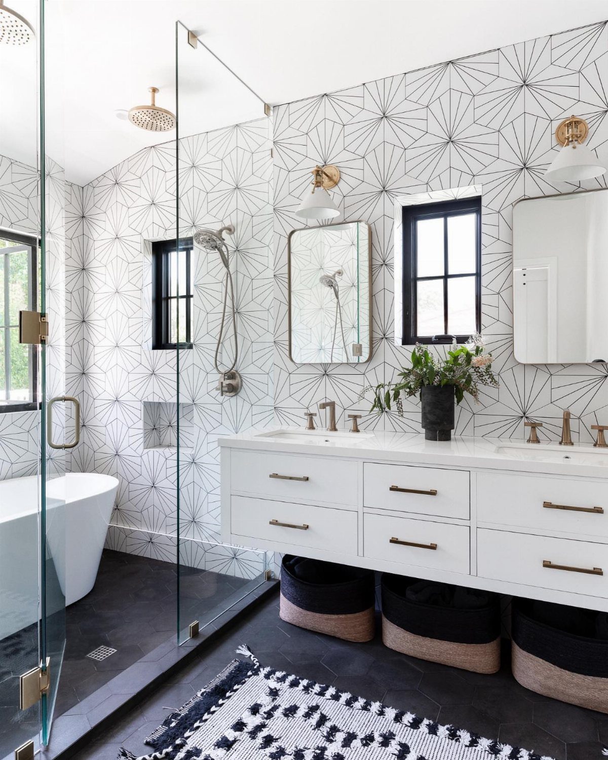 19 Teen Bathroom Ideas That Blend Style and Function 10 Modern bathroom with white double vanity and black and white geometric wallpaper walls.