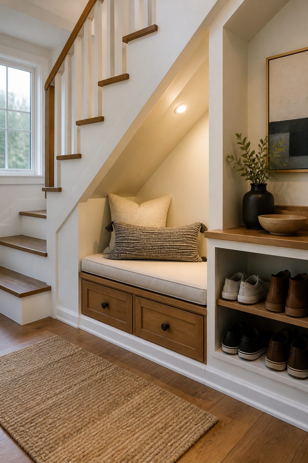 10 Tiny House Organization Ideas for Maximizing Space in 2026 12 Built-in bench with storage drawers under a staircase.