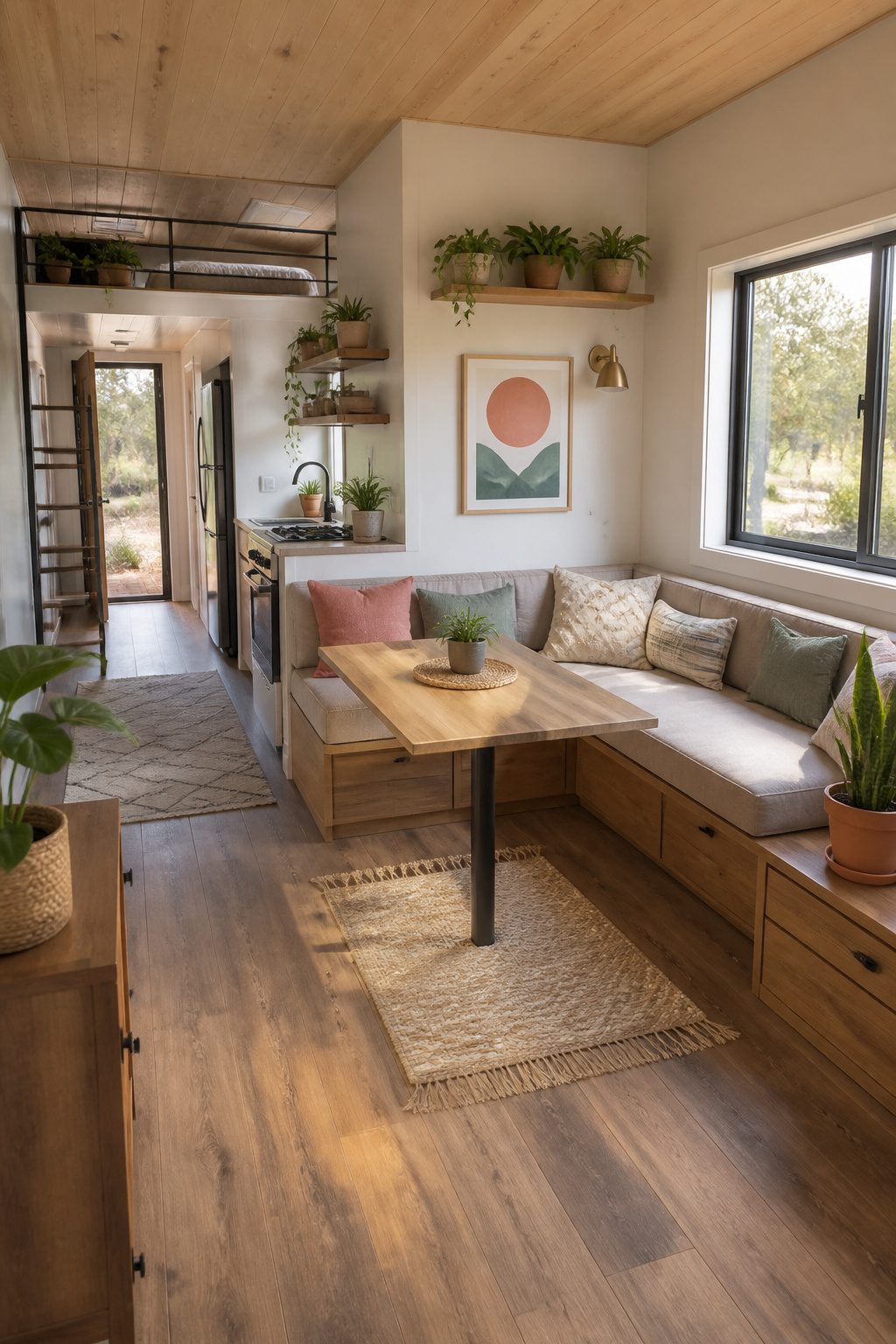 10 Tiny House Organization Ideas for Maximizing Space in 2026 8 Built-in bench with storage drawers in a dining area.
