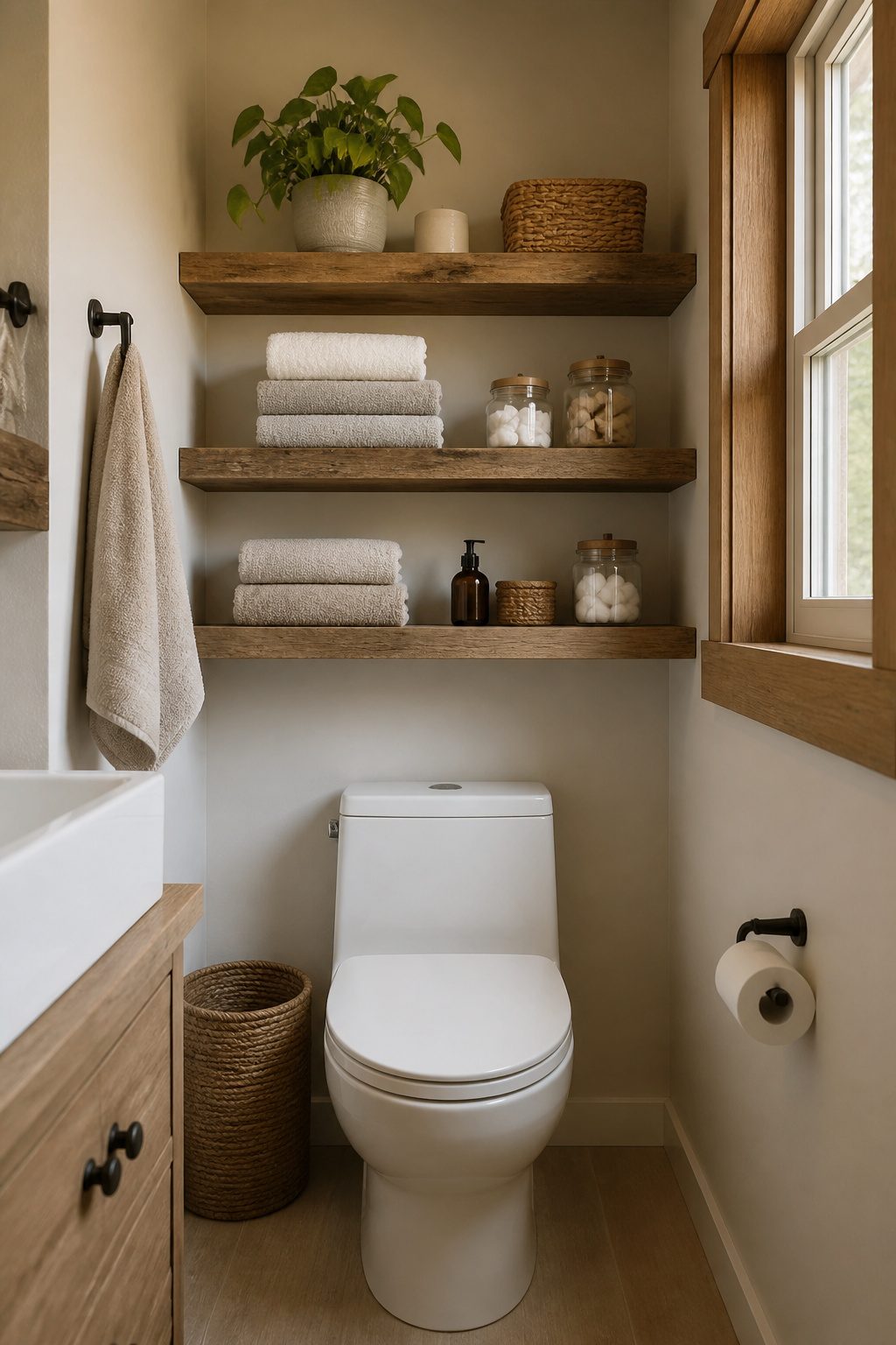 10 Tiny House Organization Ideas for Maximizing Space in 2026 9 Shelves above a toilet holding towels and toiletries.