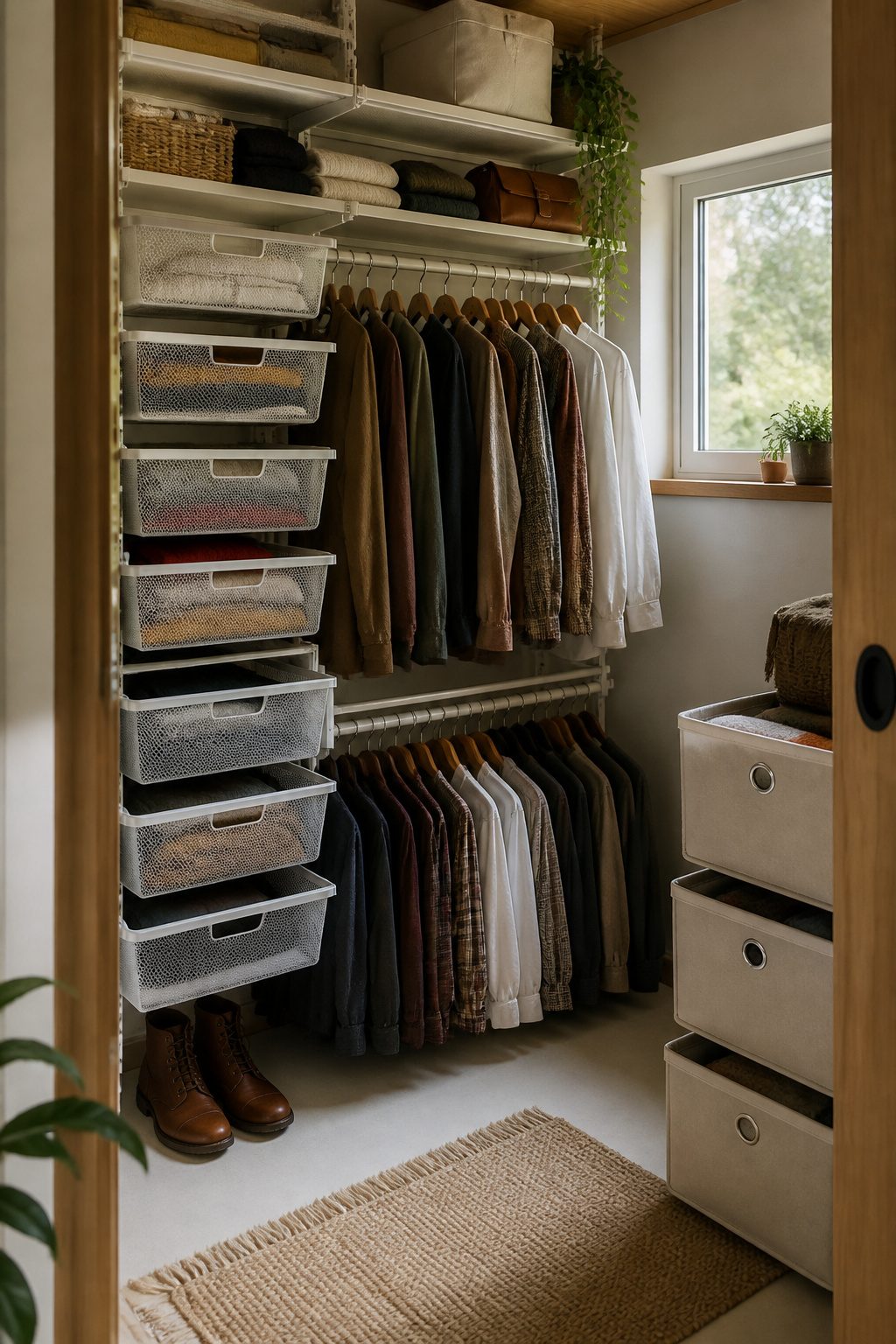 10 Tiny House Organization Ideas for Maximizing Space in 2026 4 Closet with mesh drawers and hanging rails filled with clothes.