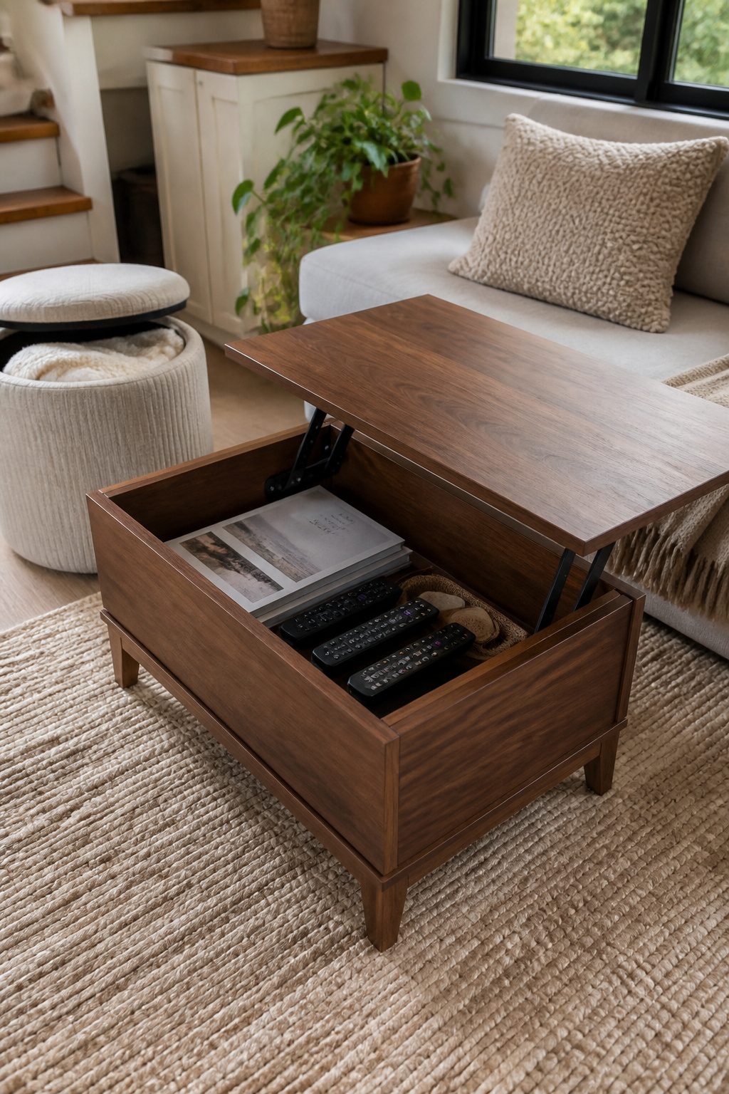 10 Tiny House Organization Ideas for Maximizing Space in 2026 6 A storage ottoman and a coffee table with drawers in a living room.