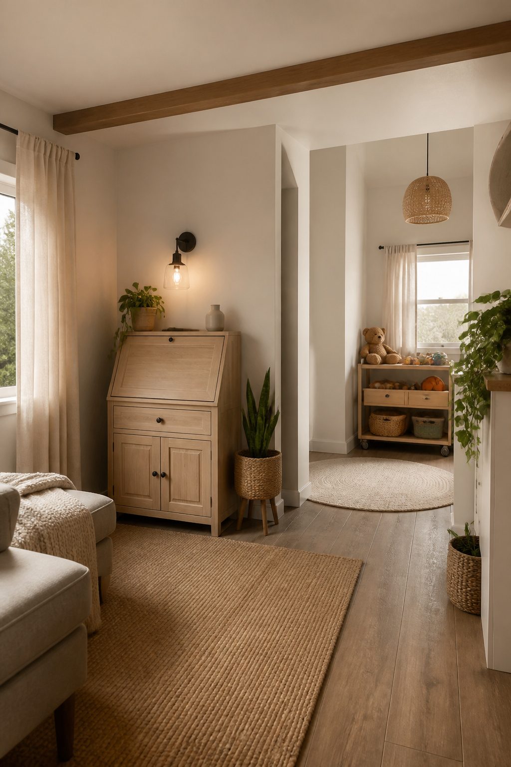 10 Tiny House Organization Ideas for Maximizing Space in 2026 3 A corner featuring a secretary desk and a rolling cart.
