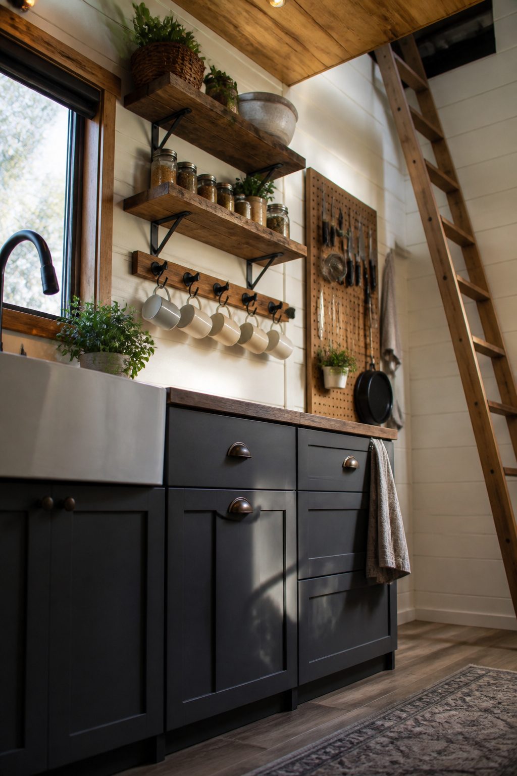 10 Tiny House Organization Ideas for Maximizing Space in 2026 5 Wall-mounted racks and floating shelves with kitchen items.