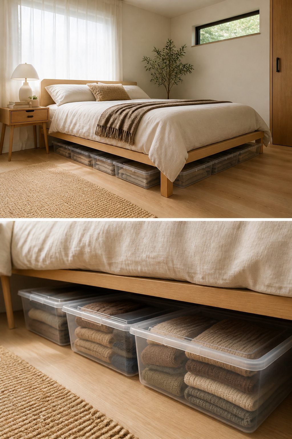 10 Tiny House Organization Ideas for Maximizing Space in 2026 7 Clear plastic bins stored under a bed for off-season clothes.