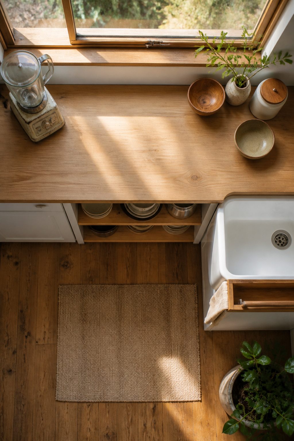 10 Tiny House Organization Ideas for Maximizing Space in 2026 14 A counter with a blender and kitchen items displayed.
