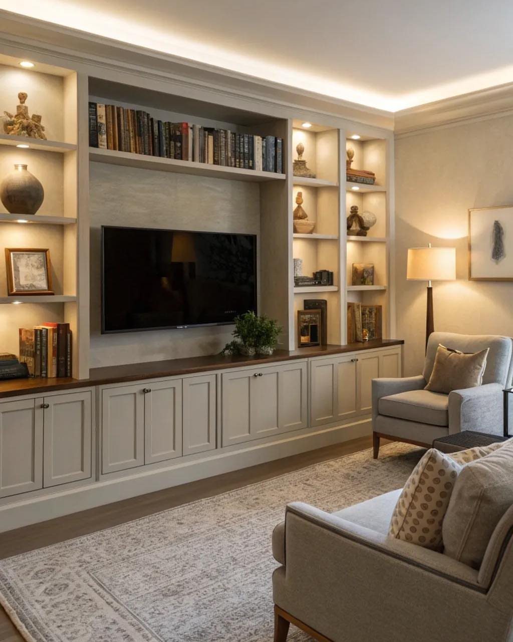 Built-in shelving unit with a TV, books, and decor in a living room.