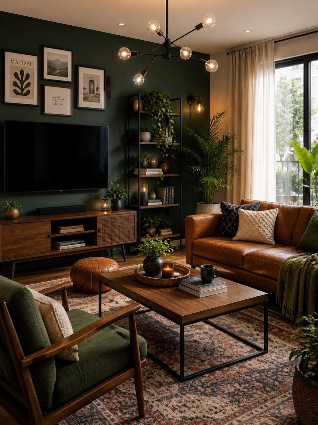 Dark green accent wall with mounted TV, framed art, and mid-century modern furniture.